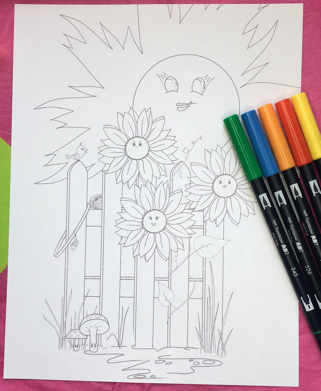 Sun-ny Flowers on a Fence Coloring Page